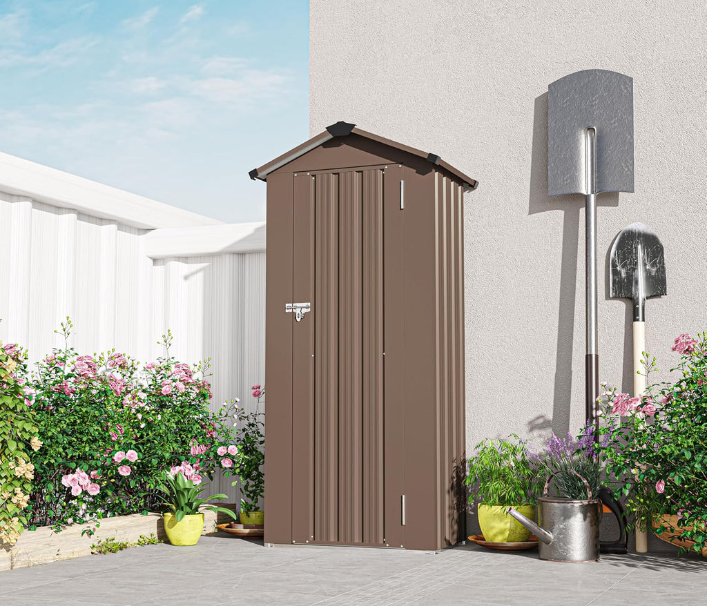 KEIKI Small Outdoor Storage Shed 2.5' x 1.4', Metal Lockable Tool Cabinet with Sloping Roof, Waterproof Vertical Garden Storage for Patio Backyard Lawn, Brown