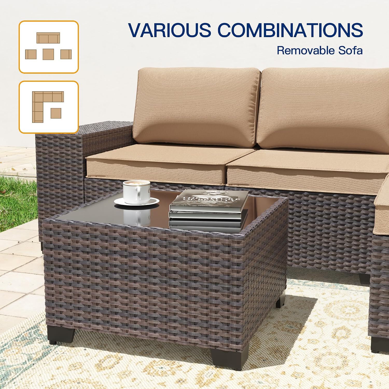 6 Pieces Patio Furniture Sets with Glass Tea Table,PE Rattan Wicker Patio Conversation Set with Washable Cushions,Outdoor Patio Sectional Furniture Set for Backyard, Poolside, Garden,Sand