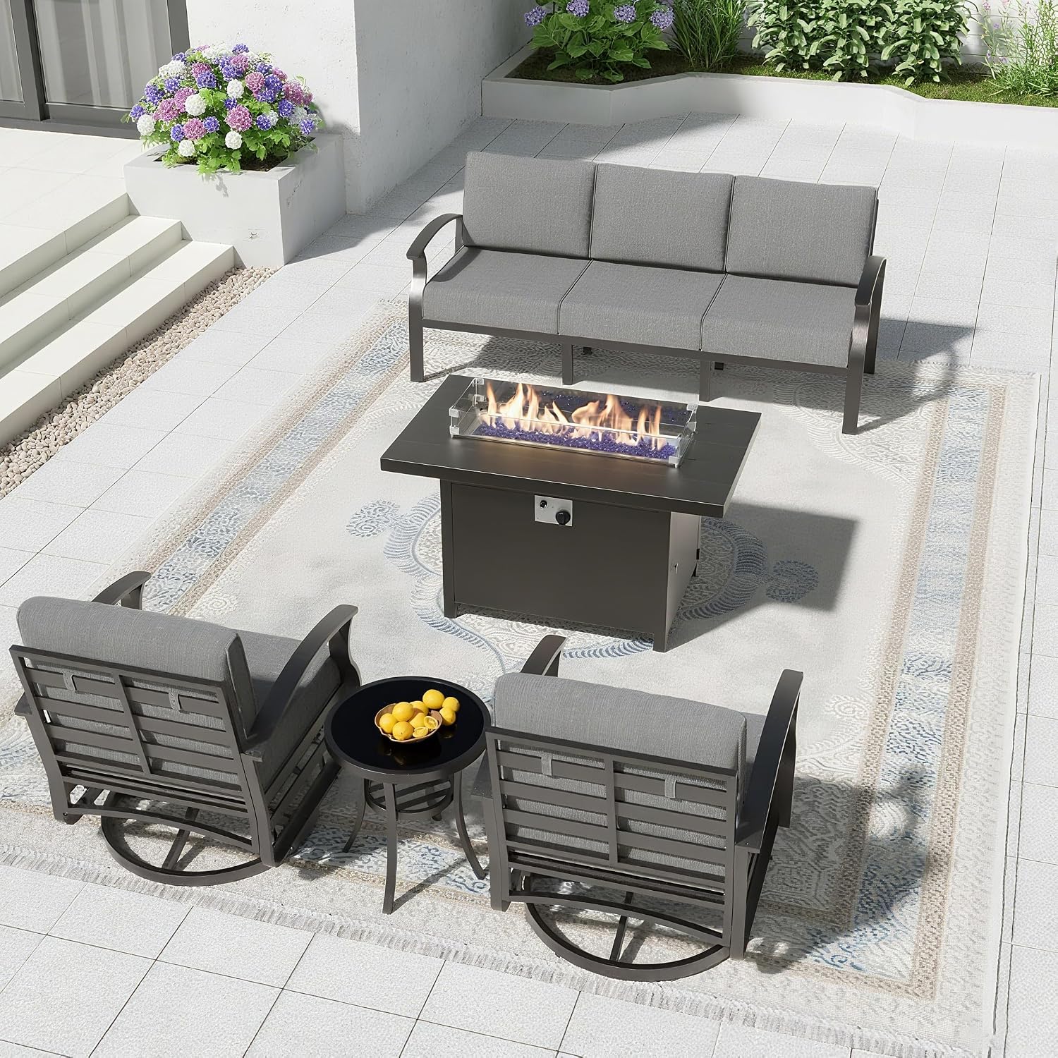 Aluminum Patio Furniture Set with 55,000 BTU Propane Fire Pit Table,5 Seats Metal Modern Outdoor Furniture w/5.1' Cushions,Patio Sectional w/Swivel Chairs for Backyard,Patio,Grey
