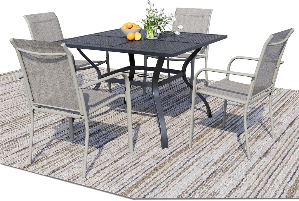 5 Piece Outdoor Dining Set, Patio Table and Chairs Set of 4, 37.5' Black Square Patio Table with 4 Grey Stackable Patio Chairs for Lawn, Garden, Porch