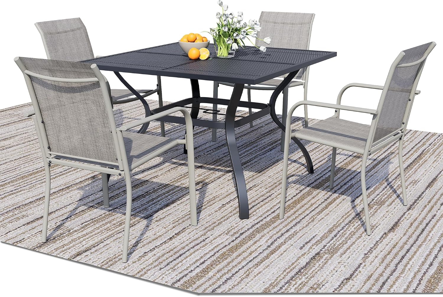 5 Piece Outdoor Dining Set, Patio Table and Chairs Set of 4, 37.5' Black Square Patio Table with 4 Grey Stackable Patio Chairs for Lawn, Garden, Porch