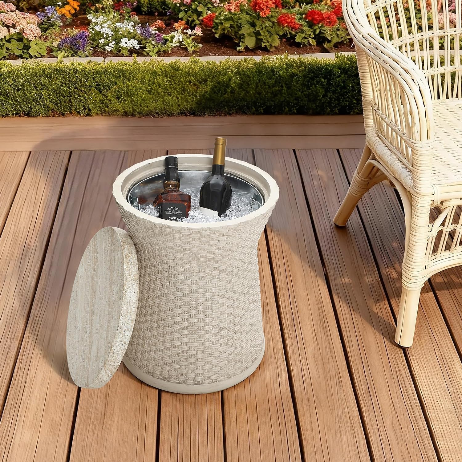 LuxenHome 18.5' Woven Texture Outdoor Side Table with Storage, Round Patio Table with Ice Bucket for Garden, Balcony