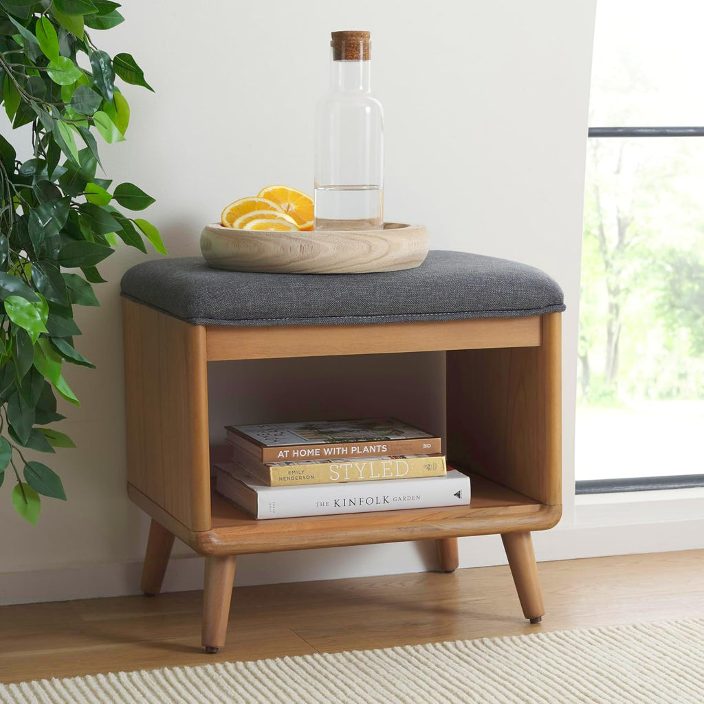 SAFAVIEH Home Collection Solo Dark Grey/Natural Open Shelf Bench with Cushion