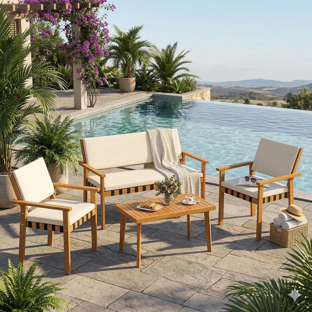 Tangkula Acacia Wood Patio Furniture Set, 4 Piece Thick Cushioned Outdoor Conversation Set with 800lbs Capacity Loveseat, 2 Armchairs and Coffee Table, for Backyard, Garden, Deck