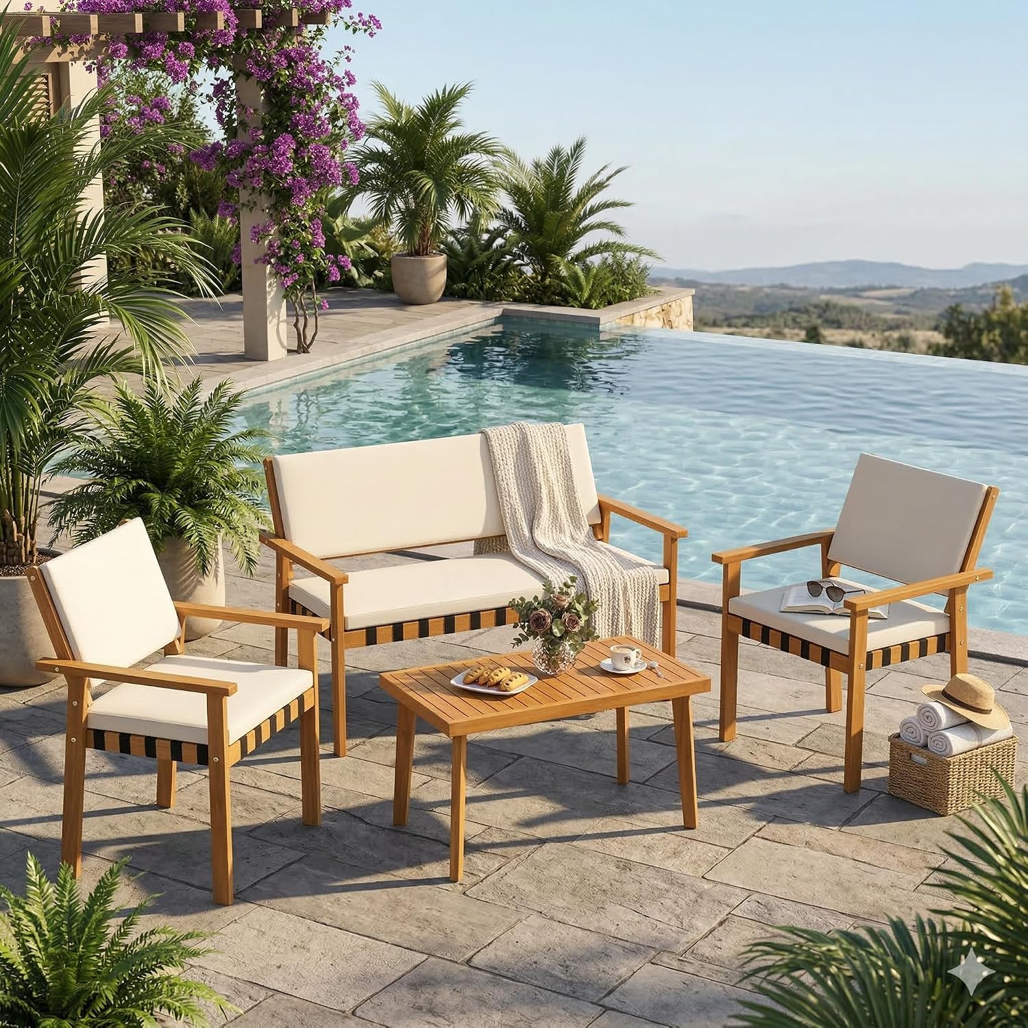 Tangkula Acacia Wood Patio Furniture Set, 4 Piece Thick Cushioned Outdoor Conversation Set with 800lbs Capacity Loveseat, 2 Armchairs and Coffee Table, for Backyard, Garden, Deck