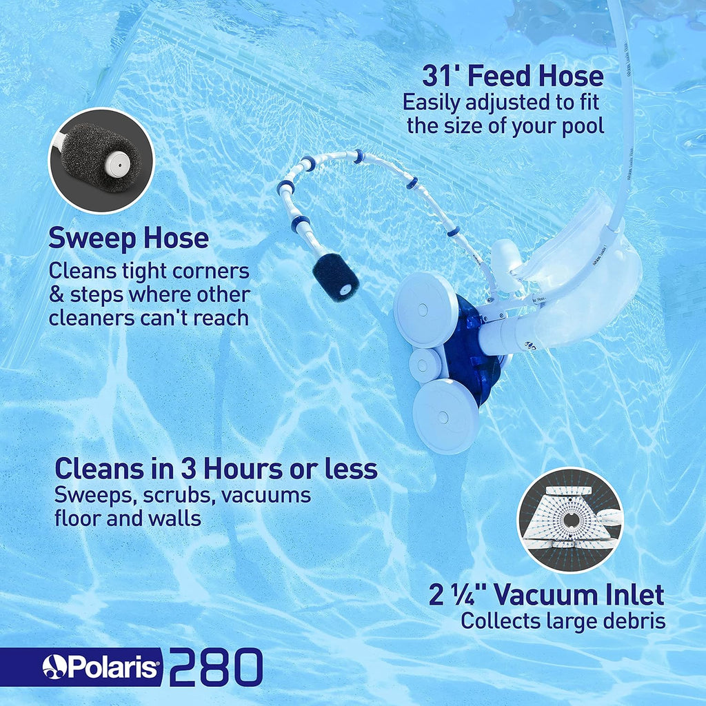 Polaris Vac-Sweep 280 Pressure-Side In-ground Pool Cleaner, Double Venturi Jet Powered, 31ft of Hose with an All Purpose Debris Bag