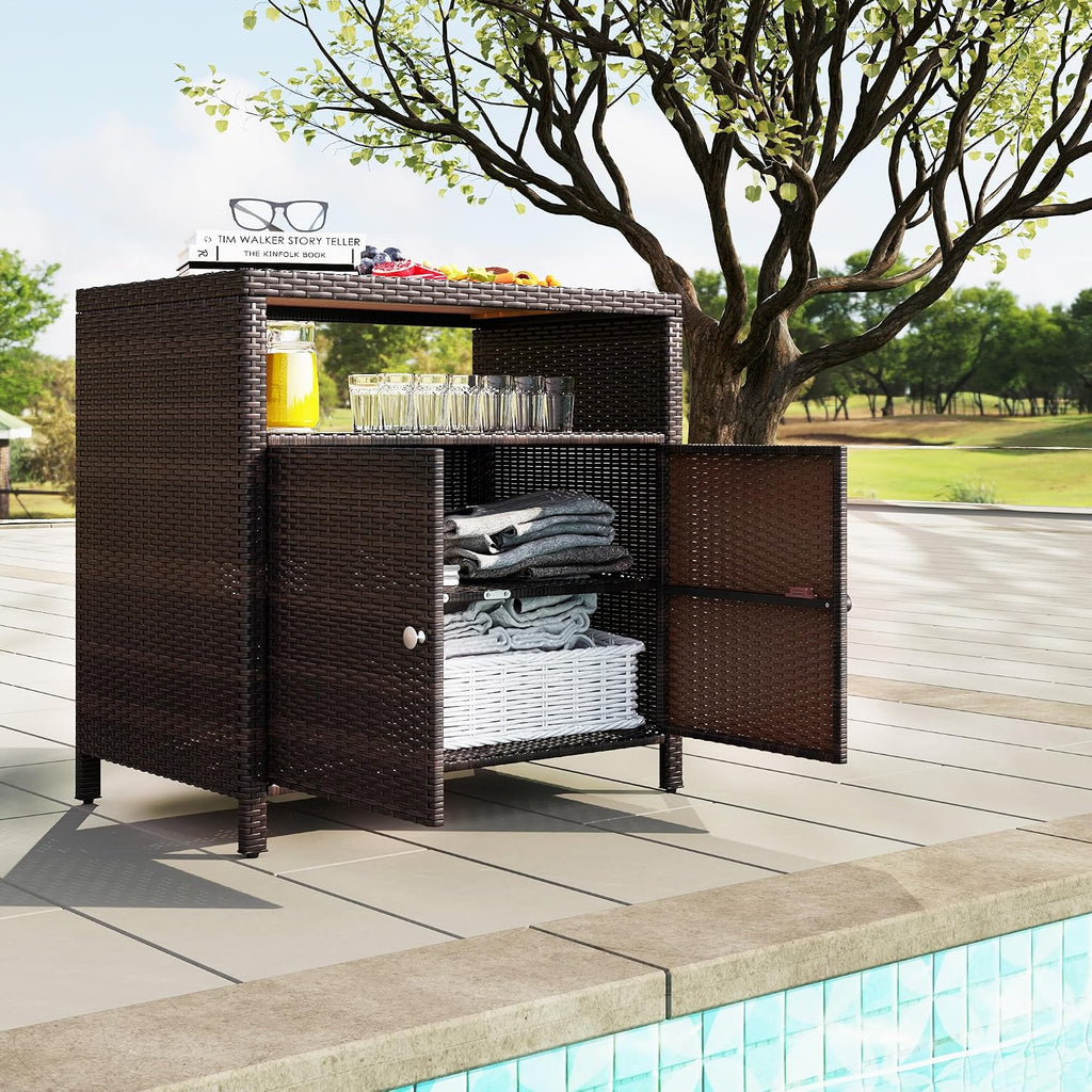 Outsunny Wicker Outdoor Storage Cabinet, Rattan Bar Table with Acacia Wood Countertop, 2 Doors and Shelf, Buffet Cabinet Sideboard for Poolside, Garden, Patio, Backyard, Brown