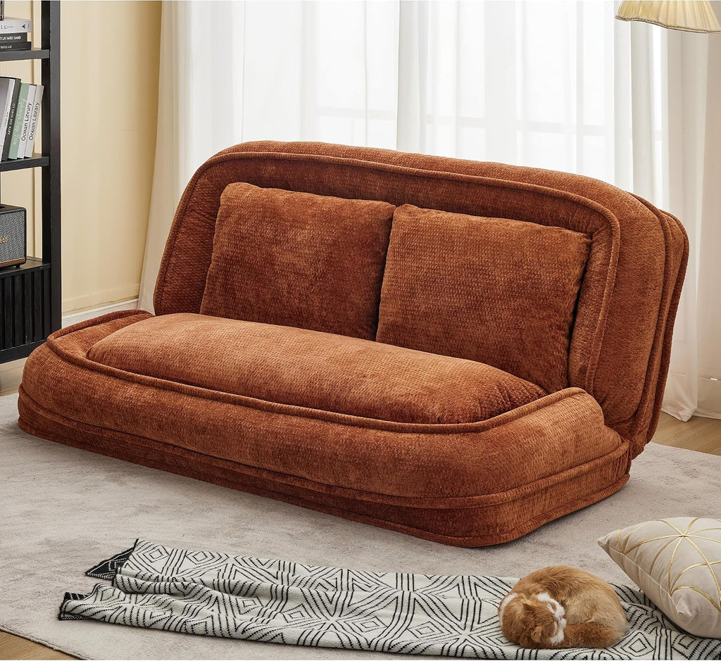 Floor Chair with Back Support, Human Dog Bed, Folding Loveseat with 5 Adjustable Position, 2 Back Cushions, Chenille Meditation Gaming Chair for Lazy Boys, Living Room, Lounge, Bedroom, Orange