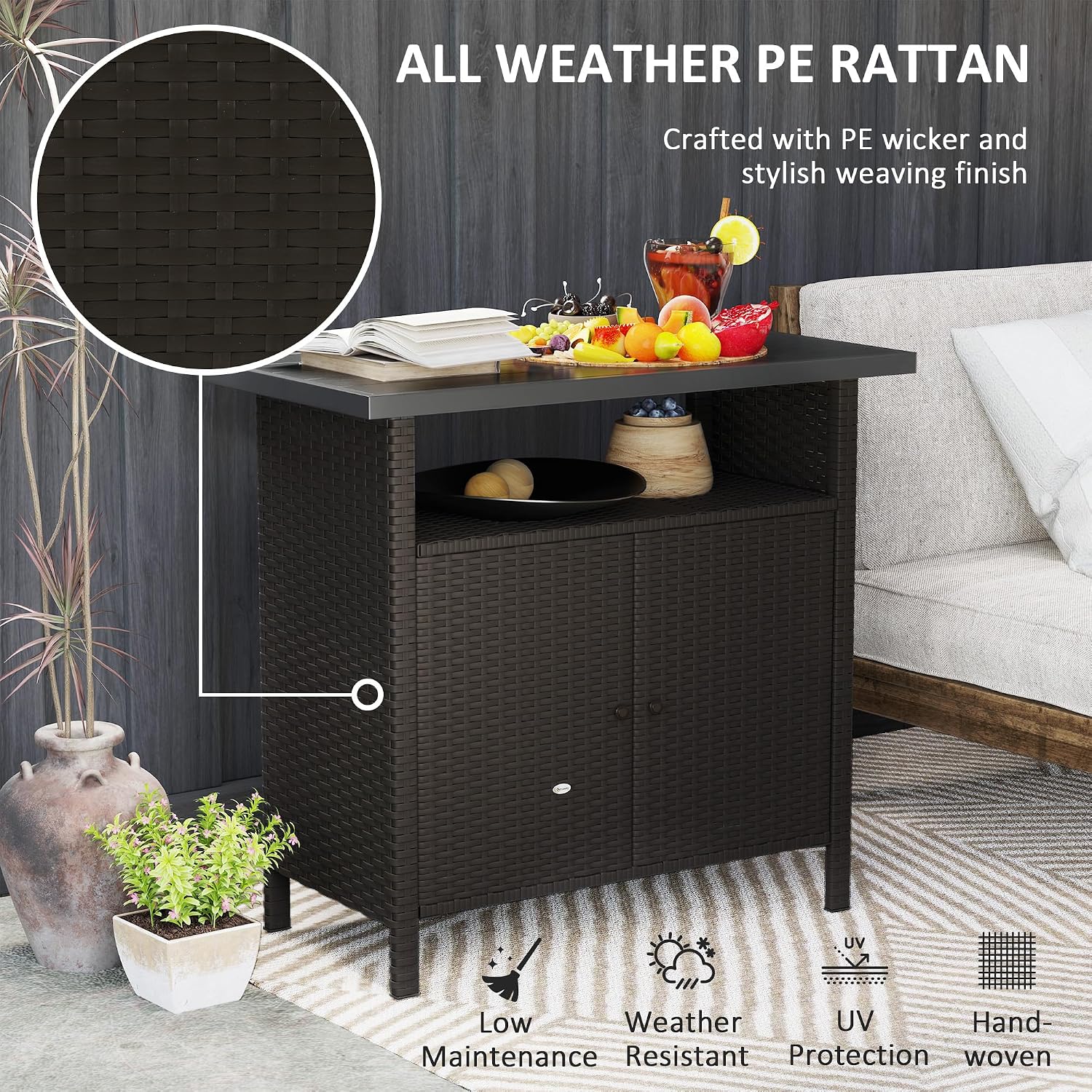 Outsunny Wicker Outdoor Storage Cabinet, Rattan Outdoor Bar Table with 2 Doors and Shelf, Outdoor Buffet Cabinet Sideboard with Metal Slatted Countertop for Poolside, Patio, Backyard, Dark Coffee
