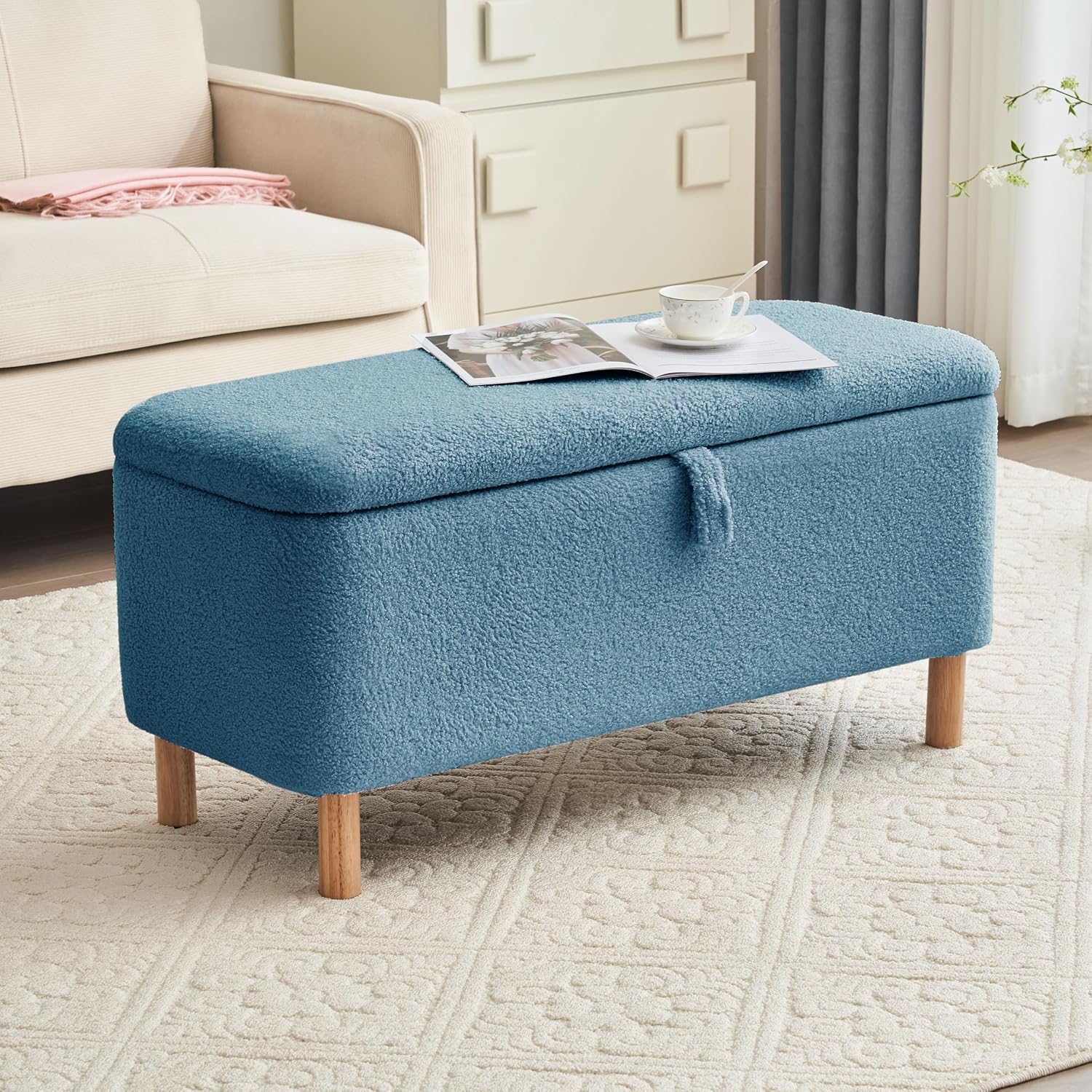 Boucle Storage Ottoman Bench for Bedroom end of Bed, Sherpa Upholstered Shoe Seat Storage Bench for Entryway Bed Foot, Rectangle Cushion Padded Blanket Chest Cute for Living Room, Light Blue