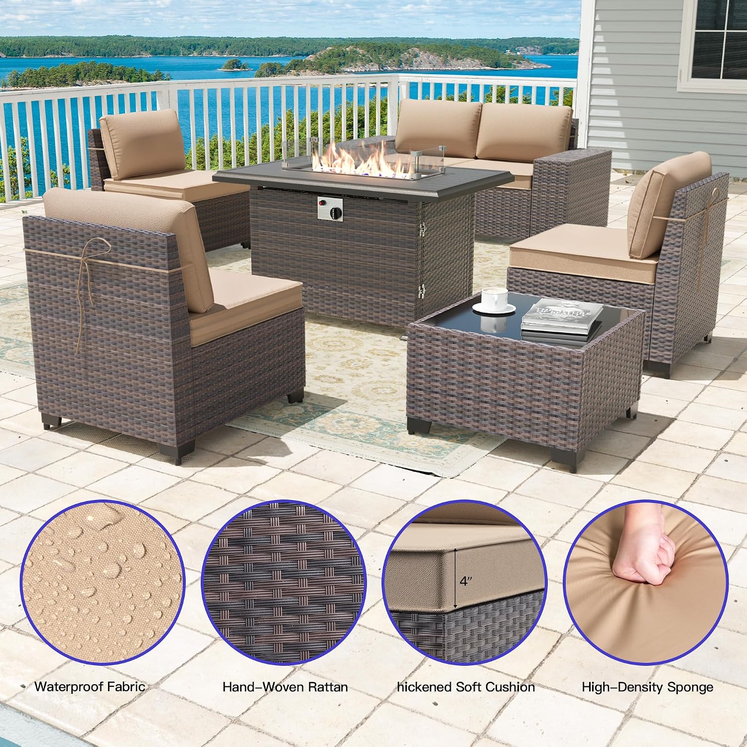 7 Pieces Outdoor Patio Furniture Set with 43'/55000BTU Gas Fire Pit Table,PE Rattan Wicker Outdoor Conversation Sofa Set Non-Slip Cushions Waterproof Covers for Backyard,Poolside,Garden,Sand