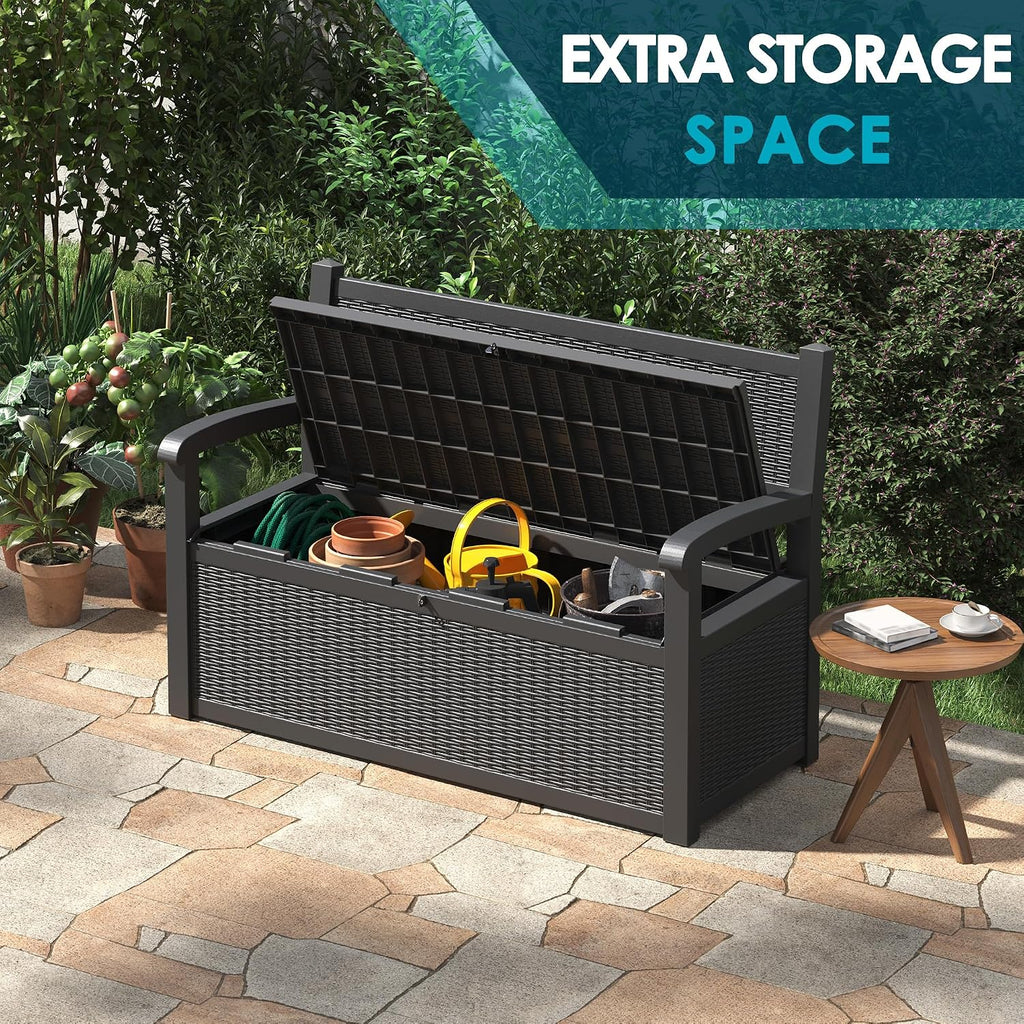 LHBGO 70 Gallon Storage Bench Deck Box for Patio Furniture with Armrest Bench Outdoor Storage