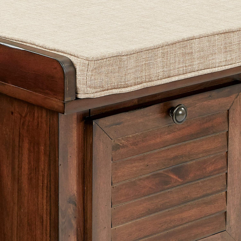 OSP Home Furnishings Dover Coastal Lift-Top Storage Bench with Shutter Face Styling, Distressed Brown Finish with Beige Linen Fabric Cushion
