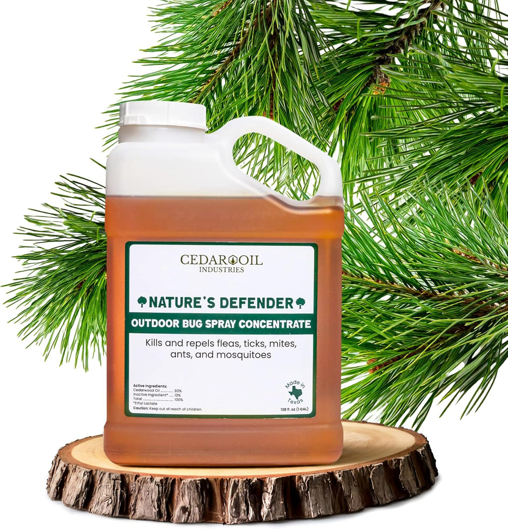 Nature's Defender Outdoor Pest Control Spray – All-Natural Cedarwood Oil Formula for Mosquitoes, Ticks, Fleas, and Ants – Safe for Pets, Kids, & Plants – 128 oz (1Gal) Concentrate Treats 160,000 sq.ft