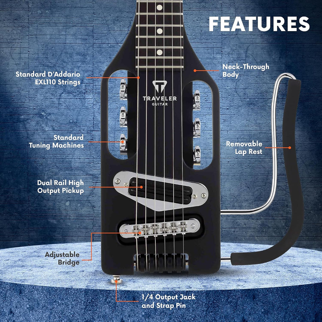Traveler Guitar Ultra-Light Electric Guitar Matte Black | Portable Electric with Removable Lap Rest | Full 24 3/4' Scale Headless Guitar | Custom Gig Bag Included
