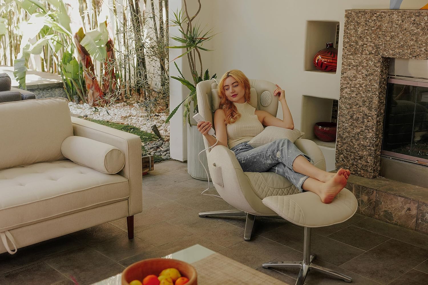 Nouhaus Classic Massage Chair with Ottoman. White Leather Lounge Chair, with Percussive & Shiatsu Chair Massager, Bluetooth Speaker and Recliner. Cozy Bedroom Chair with Spot and Full Body Massager