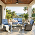 CAODOC 5 Pieces Patio Furniture Set,Outdoor Furniture with Rockers, Rattan Conversation Sets w/Coffee Table, Grey Wicker Blue Cushion