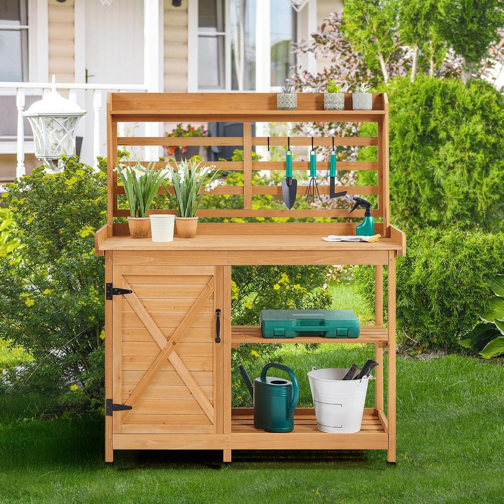 Yaheetech Outdoor Potting Bench, Large Horticulture Work Table Workstation with Storage Cabinet Shelf & Planting Working Console for Patio/Lawn/Garden - Wood