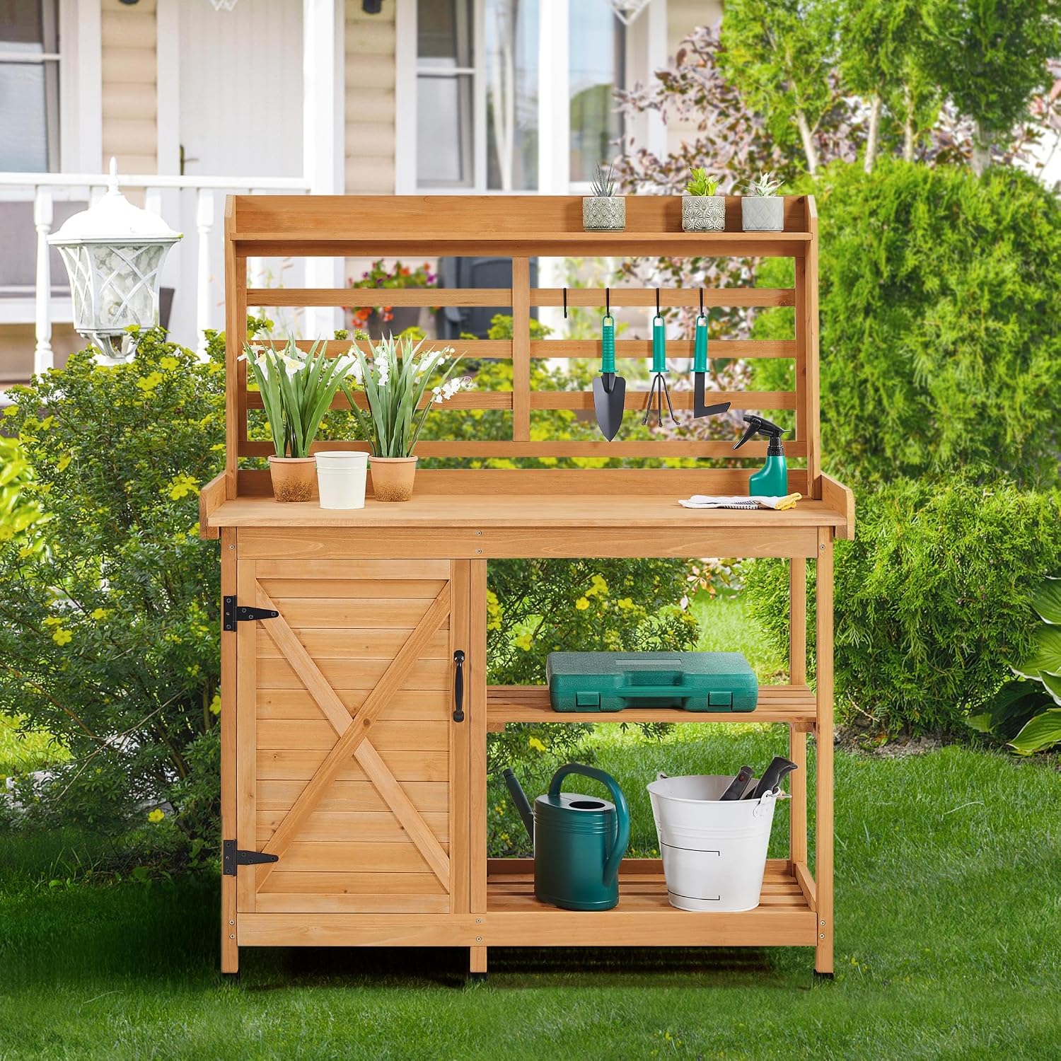 Yaheetech Outdoor Potting Bench, Large Horticulture Work Table Workstation with Storage Cabinet Shelf & Planting Working Console for Patio/Lawn/Garden - Wood