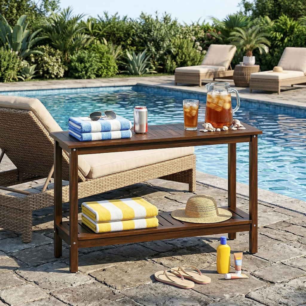 SUPER DEAL All-Weather Patio Bar Table Entry Console Table, 2-Shelf 48 inch Solid Wood Indoor Outdoor Multifunctional Buffet Storage Organizer with Adjustable Feet, Espresso