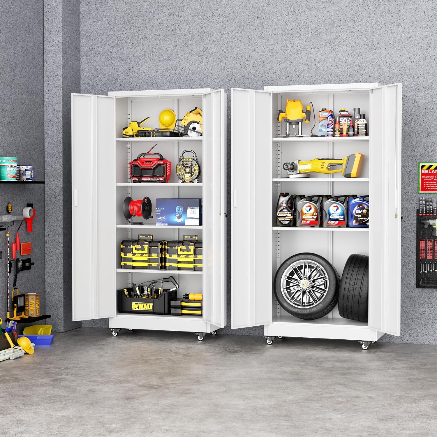 Greenvelly White Metal Storage Cabinet with Wheels, 73' Steel Garage Rolling Cabinet with Doors and 4 Shelves, Tall Locking Cabinets Tool Lockable Storage Cabinets for Basement, Pantry, Home Office