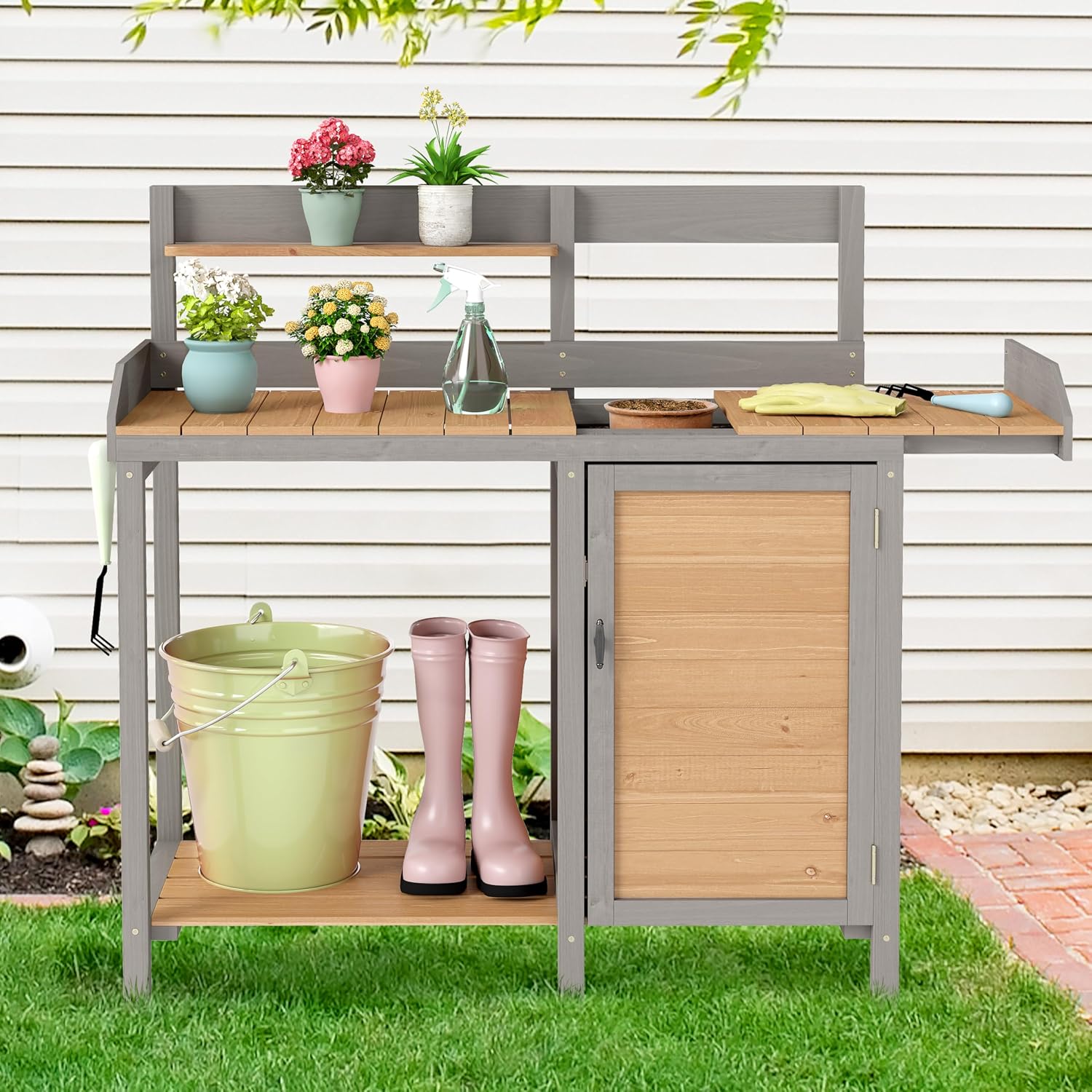 Wooden Potting Bench Table with Sink,Outdoor Garden Table Work Bench with Storage, Workstation for Outside Patio Lawn
