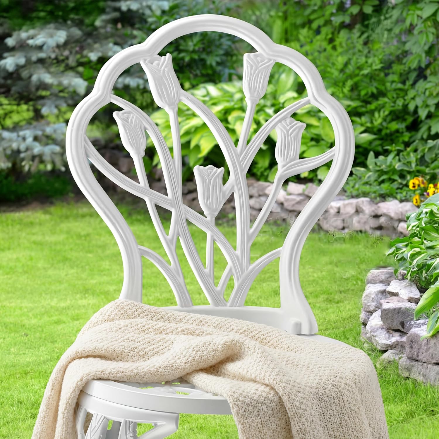 Outdoor Bistro Table and Chairs Set of 2, 3 Piece Patio Bistro Set w/Umbrella Hole, Rust-Resistant Cast Aluminum Bistro Set for Garden/Balcony/Backyard, White
