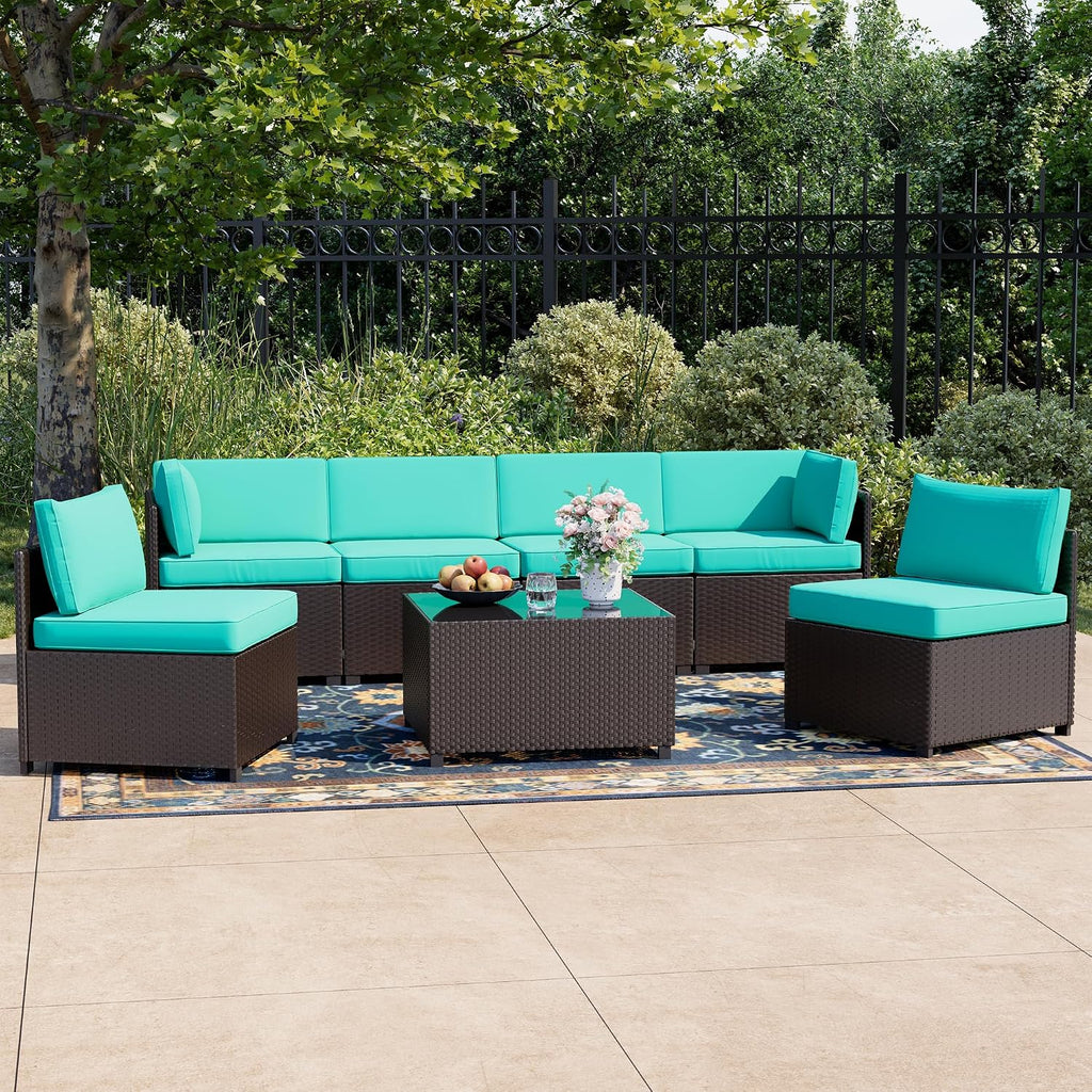 LHBcraft 7 Piece Patio Furniture Set, Outdoor Furniture Patio Sectional Sofa, All Weather PE Rattan Outdoor Sectional with Cushion and Coffee Table
