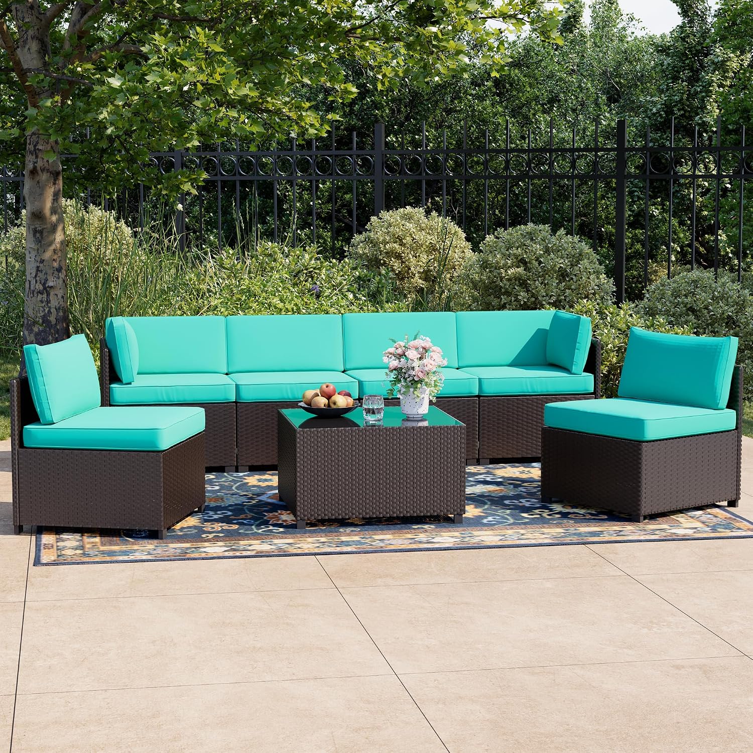 LHBcraft 7 Piece Patio Furniture Set, Outdoor Furniture Patio Sectional Sofa, All Weather PE Rattan Outdoor Sectional with Cushion and Coffee Table