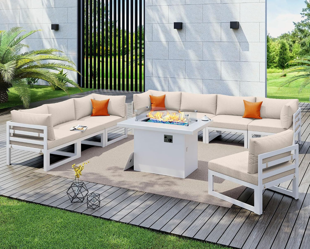 NICESOUL 9 Piece L-Shaped Contemporary Aluminum Outdoor Furniture Set with Firepit, 29' Deep Wide Large Couch Set, 500 lbs High Weight Capacity Modular Patio Sectional Sofa for Garden Terrace, Beige