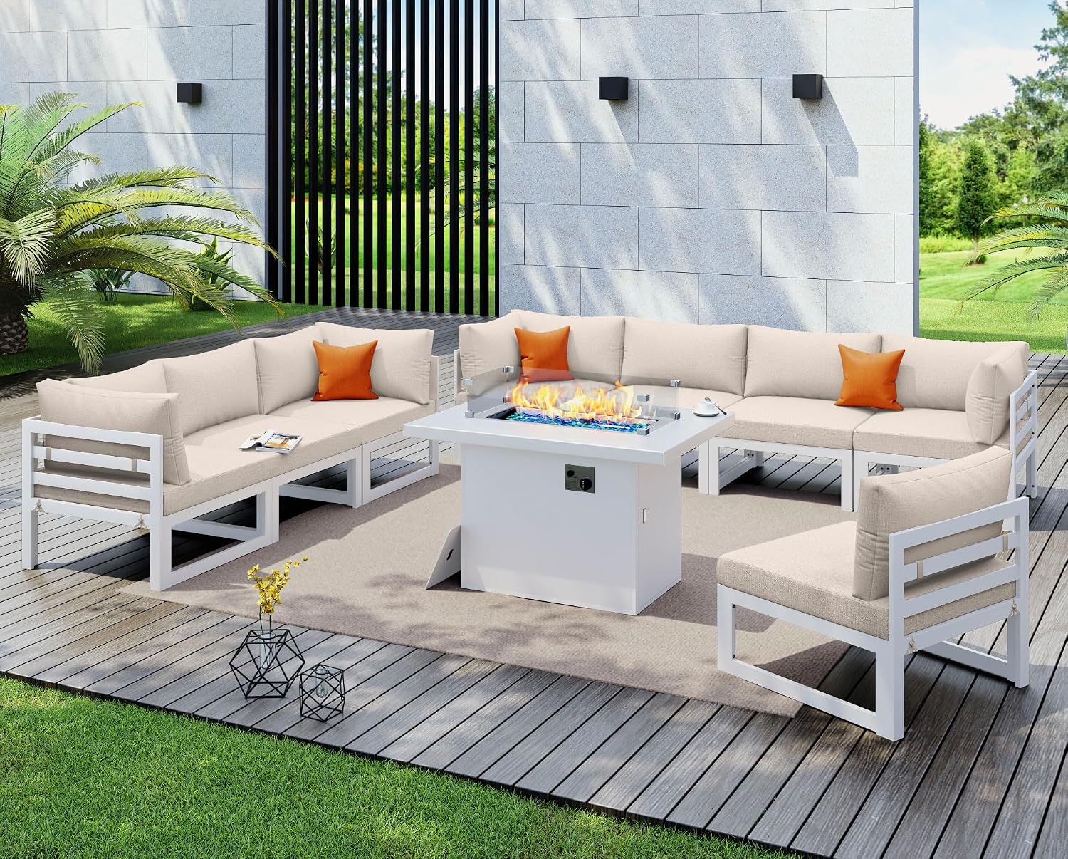 NICESOUL 9 Piece L-Shaped Contemporary Aluminum Outdoor Furniture Set with Firepit, 29' Deep Wide Large Couch Set, 500 lbs High Weight Capacity Modular Patio Sectional Sofa for Garden Terrace, Beige