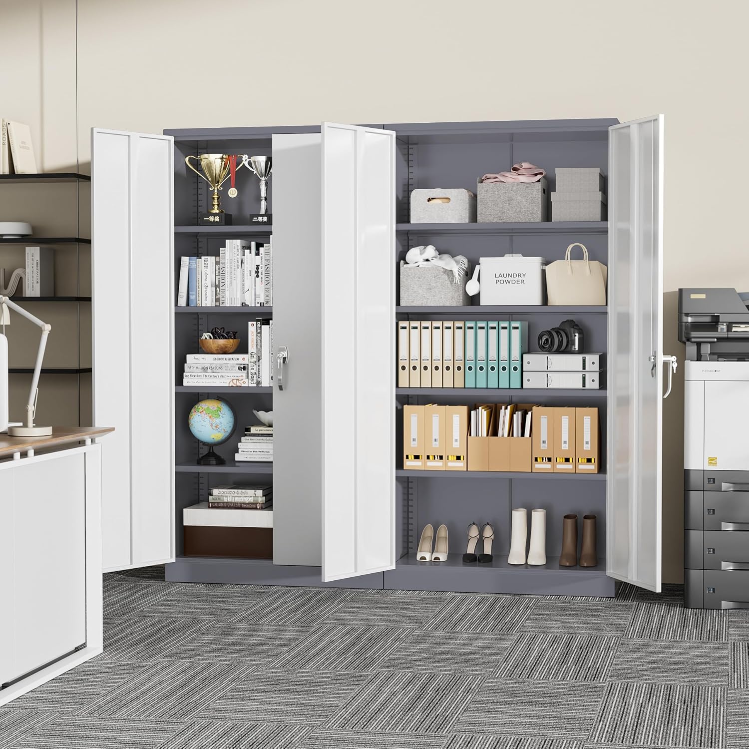 Incbruce Patio Metal Storage Cabinets, 72' H x16 D Outdoor Tool Shed with Doors and Adjustable Shelves for Home, Patio, Office (Grey White)
