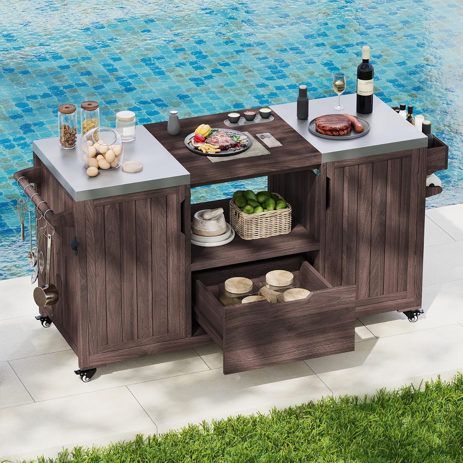 66.5' Outdoor Kitchen Island with Stainless Steel Top for Big Green Egg, Rolling Grill Cart with Adjustable Shelves, Lockable Wheels, Outdoor Table and Bar Storage Cabinet for Patio