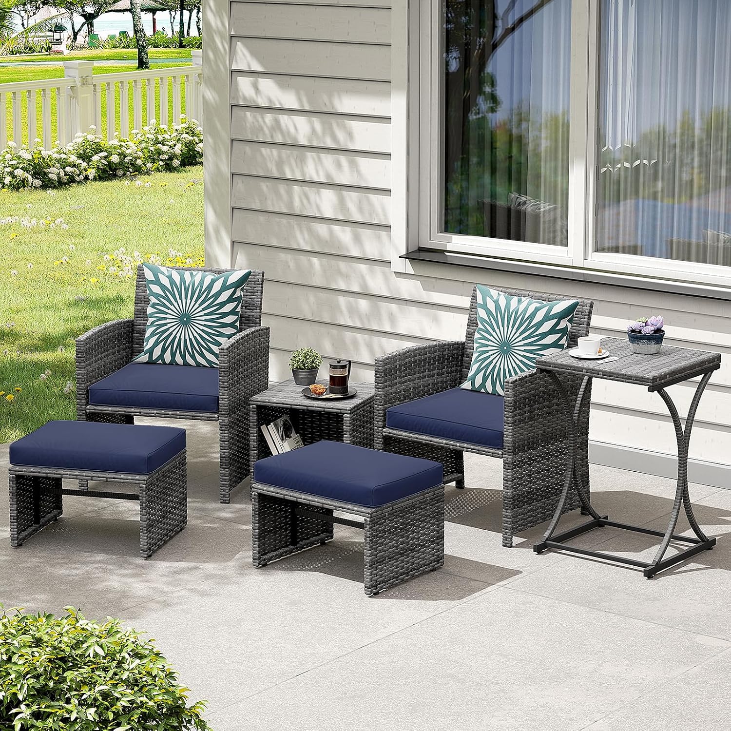 OC Orange-Casual 6 Piece Patio Furniture Conversation Set with Ottoman, Outdoor Grey Wicker Chair and Table Set, Balcony Furniture for Apartments, Navy Blue