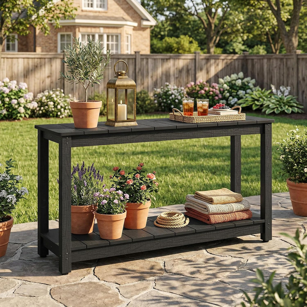 Outdoor Console Table, 48' Weather Resistant HIPS Patio Side Table, 440LBS Weight Capacity, 2-Tier Multifunctional Buffet Bar Storage Organizer for Garden Deck, Black