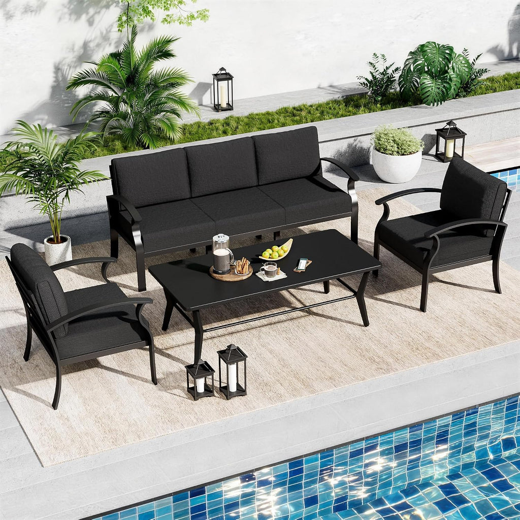 Aluminum Outdoor Patio Conversation Furniture Set,5 Seats Metal Modern Outdoor Furniture with Coffee Table & Washable 5.1' Thick Cushions,Patio Sectional for Backyard,Patio,Black
