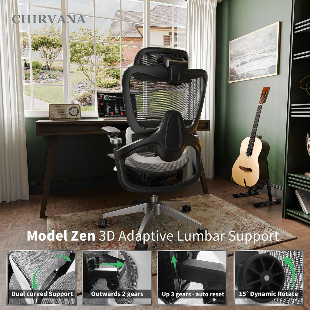 Ergonomic Office Chair with Adjustable 3D Lumbar Support, Mesh Computer Chair 5D Armrests, Home Desk Chair with 4D Headrest, 90-130°Tilt, BIFMA Certified, Model Zen (Grey)