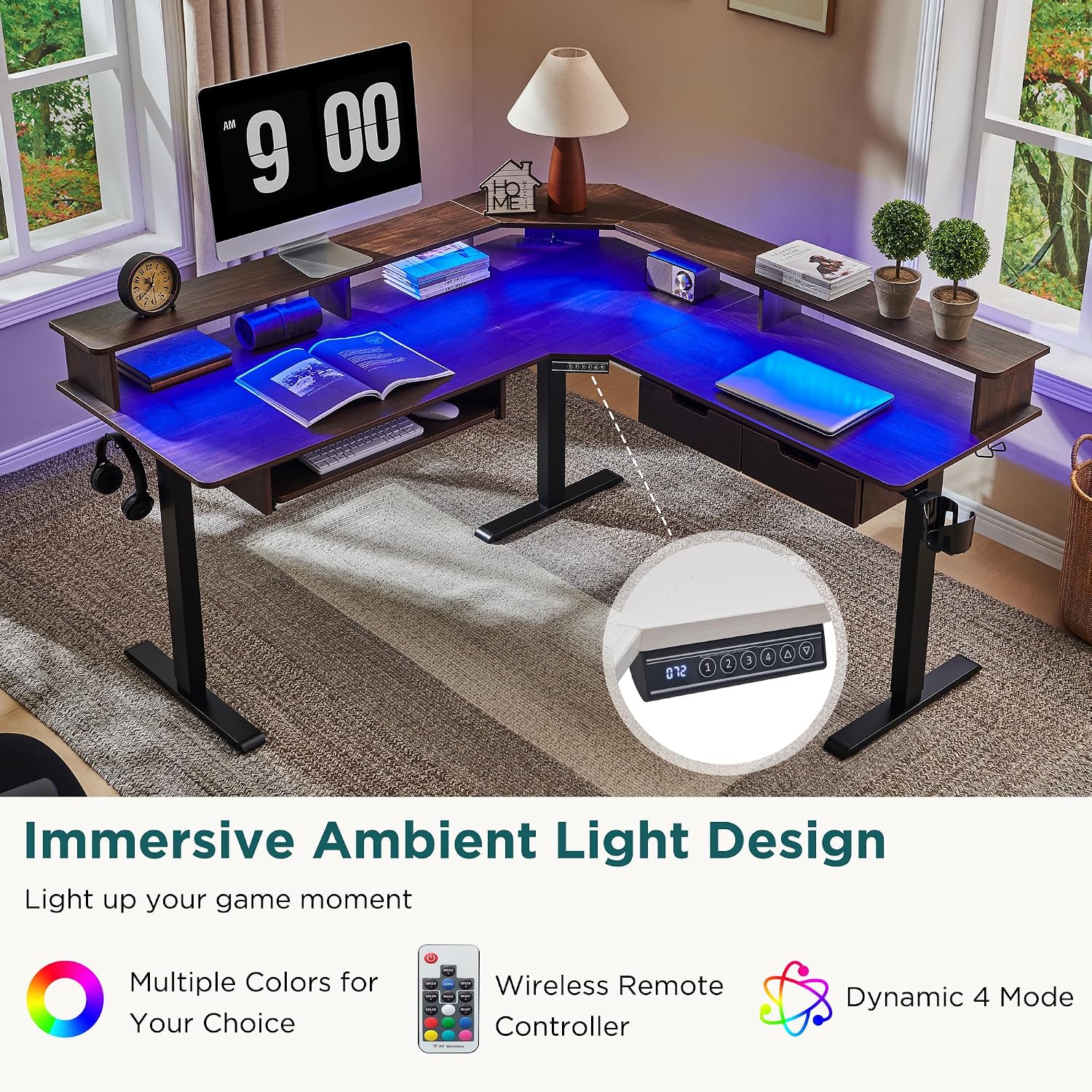 RedLemon 60 Inches L Shaped Electric Standing Desk, Height Adjustable Corner Gaming Desk with Drawers, Keyboard Tray, Power Outlets & LED Lights, Computer Desk with Monitor Shelf, Dark Walnut