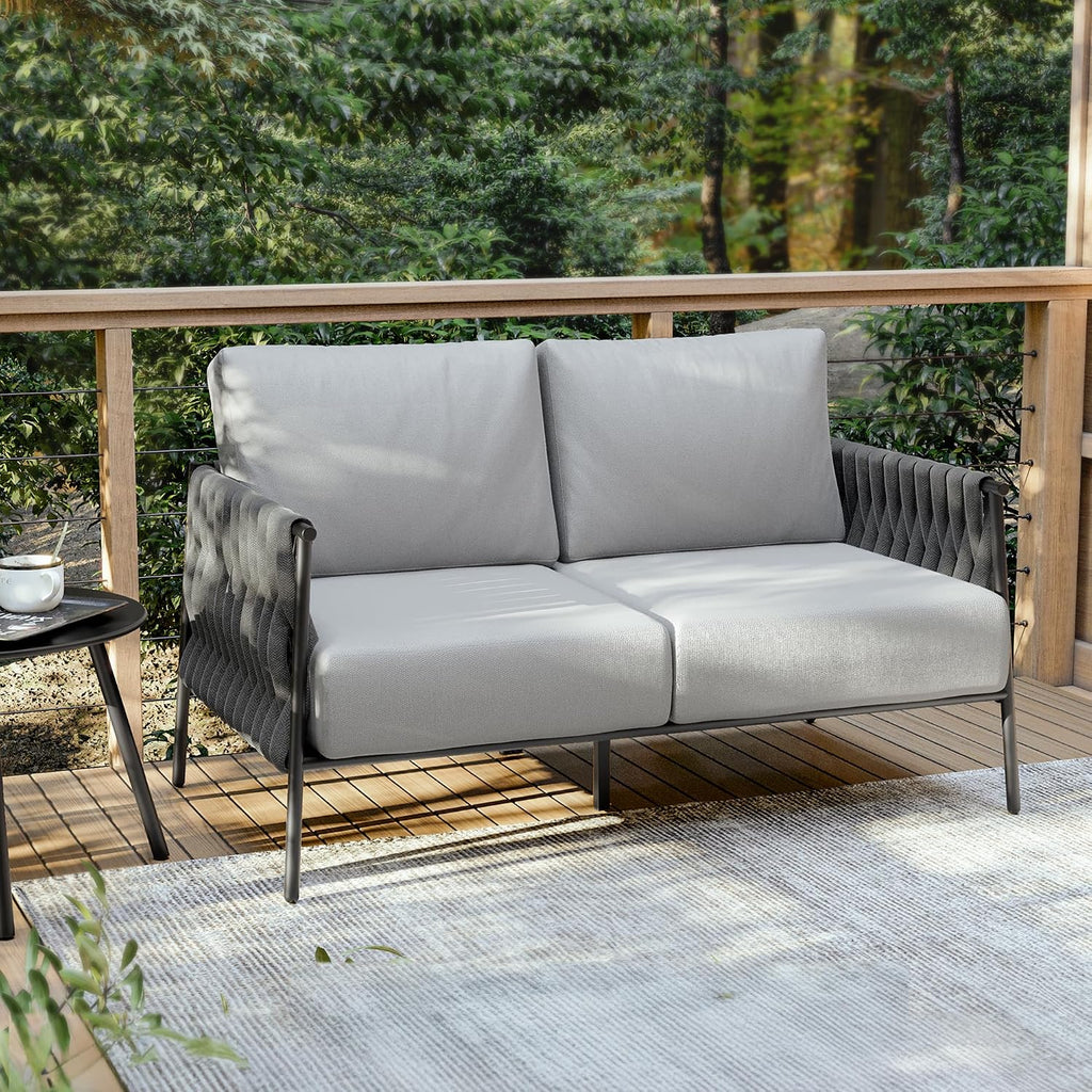 East Oak Outdoor Furniture | Life Chatter Loveseat | 2 Seater Sofa with 6.7' Thick Washable Cushions | Deep Seating Patio Furniture for Garden, Porch, Balcony & Backyard | Misty Grey