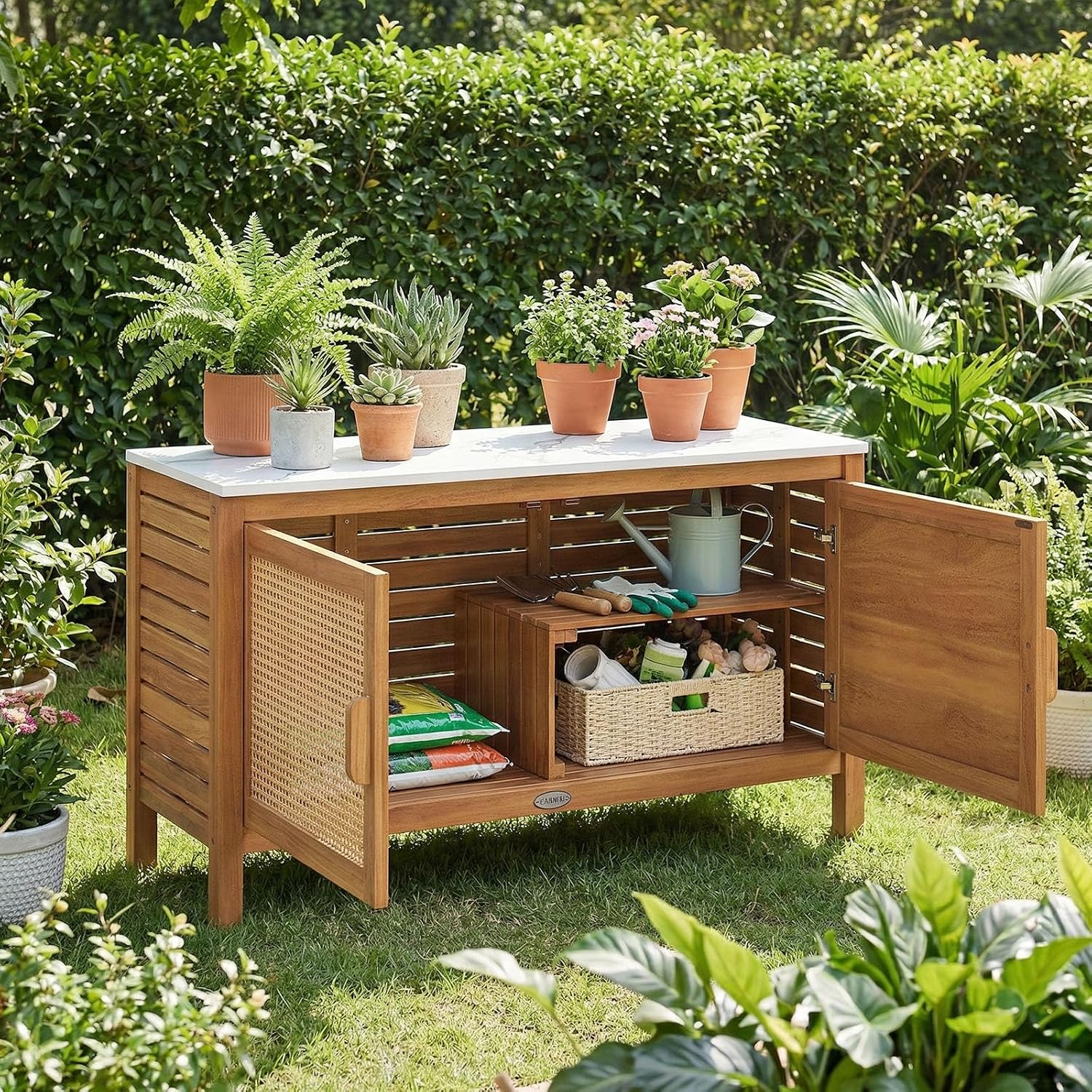 Goplus Outdoor Console Table, Acacia Wood Patio Storage Cabinet with Fax Marble Top, Rattan Doors, Inner Shelves & Hidden Compartment, Outdoor Sideboard for Patio (Rattan Door)