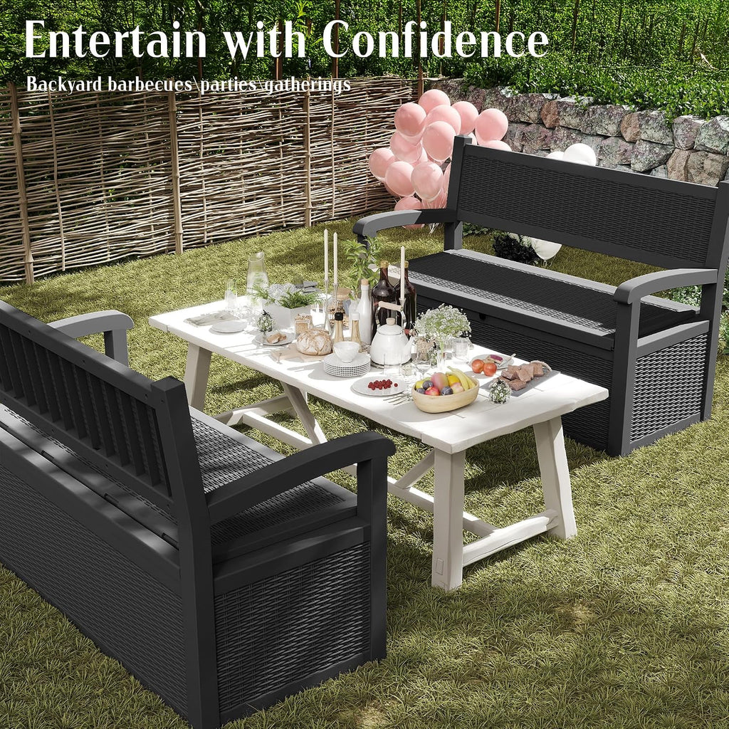 ROJIK 80 Gallon Storage Bench Deck Box Outdoor with Armrests, Resin Storage Furniture Waterproof Lockable for Porch Patio and Garden,Sturdy and Durable, Black