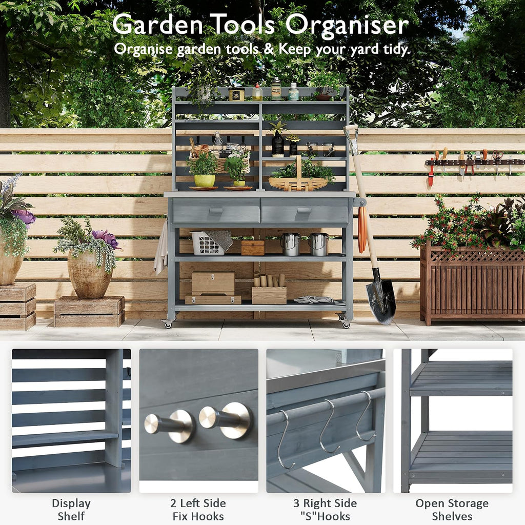 H Outdoor Potting Bench Table with Lockable Wheels, Solid Wood Outdoor Kitchen Island with Upper Hutch, Stainless Steel Top, Storage for Grilling, Lawn & Garden (Grey+Blue/F, 64.9')