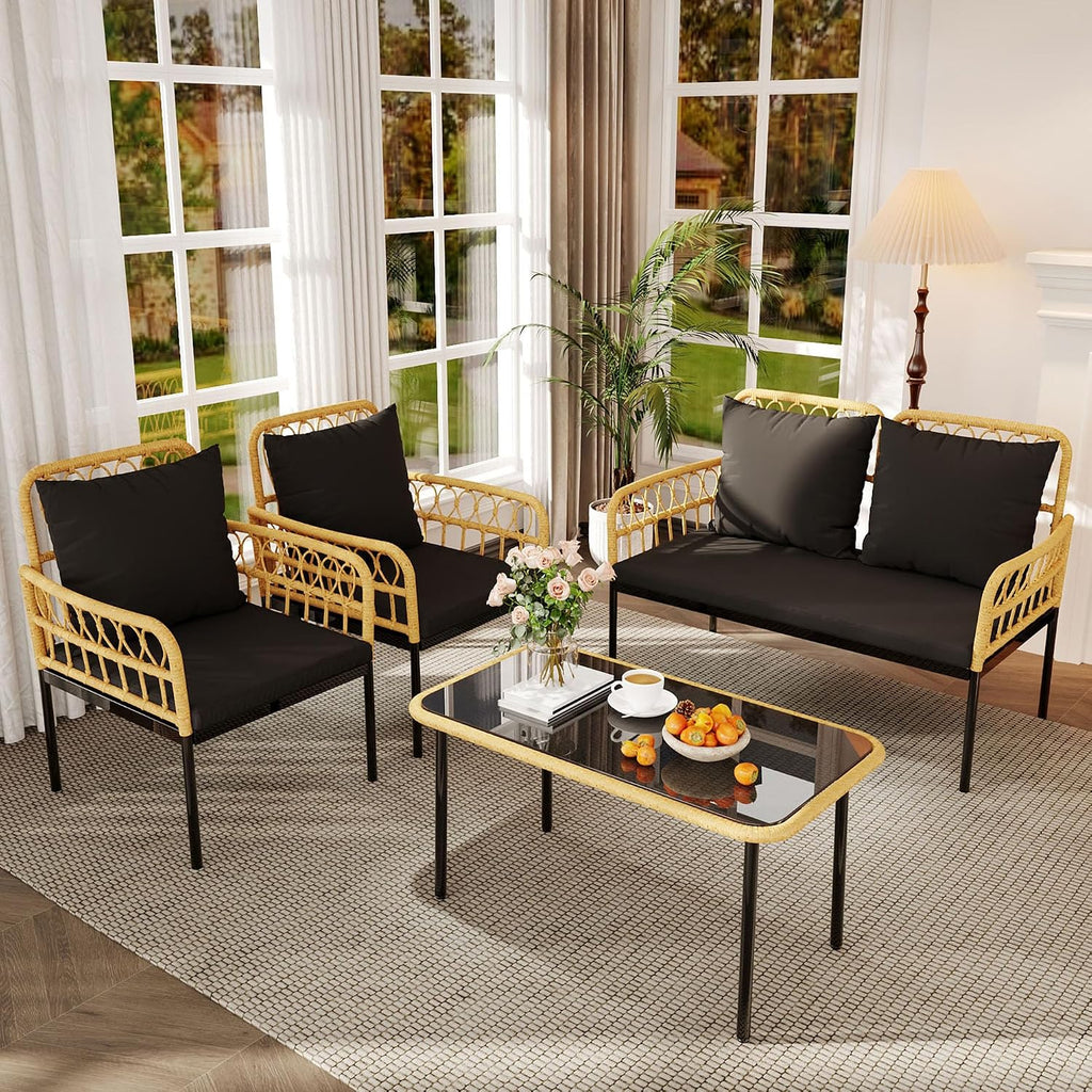 4 Pieces Outdoor Patio Furniture Set with Table - Rattan Balcony Furniture for Porch or Deck, Includes Chaise Lounge, 2 Armchairs with Cushions and Pillows for Porch Backyard Lawn Poolside Deck, Black