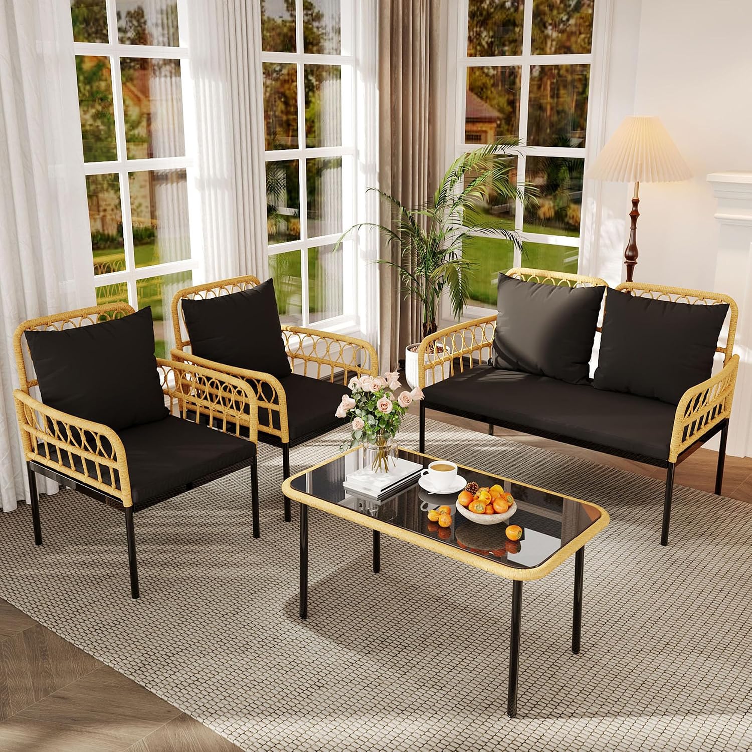 4 Pieces Outdoor Patio Furniture Set with Table - Rattan Balcony Furniture for Porch or Deck, Includes Chaise Lounge, 2 Armchairs with Cushions and Pillows for Porch Backyard Lawn Poolside Deck, Black
