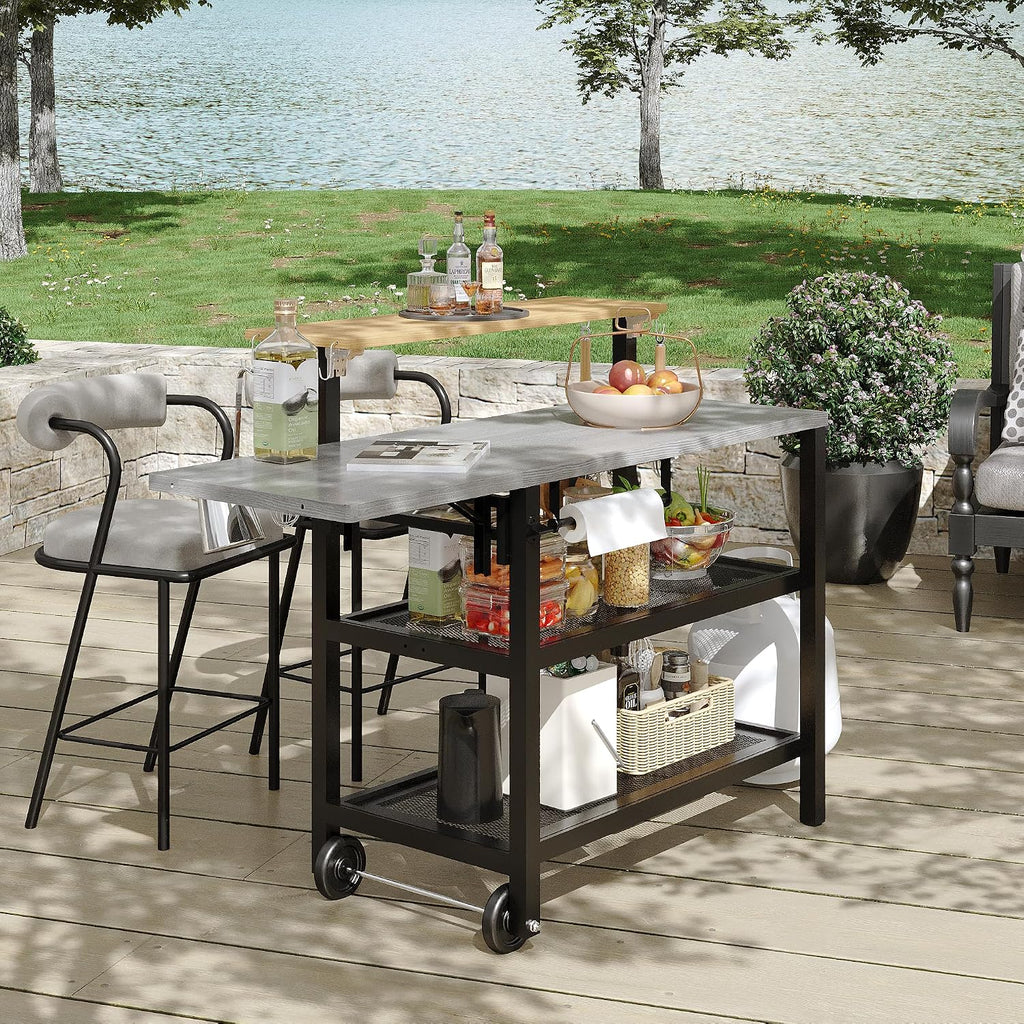 Sundale Outdoor Grill Table with 4-Tier Storage Shelves, Movable Outdoor Kitchen Island with Folding Side Shelf, 58.47' x 20.08' Stainless Steel Tabletop for Food Pre, Pizza Oven