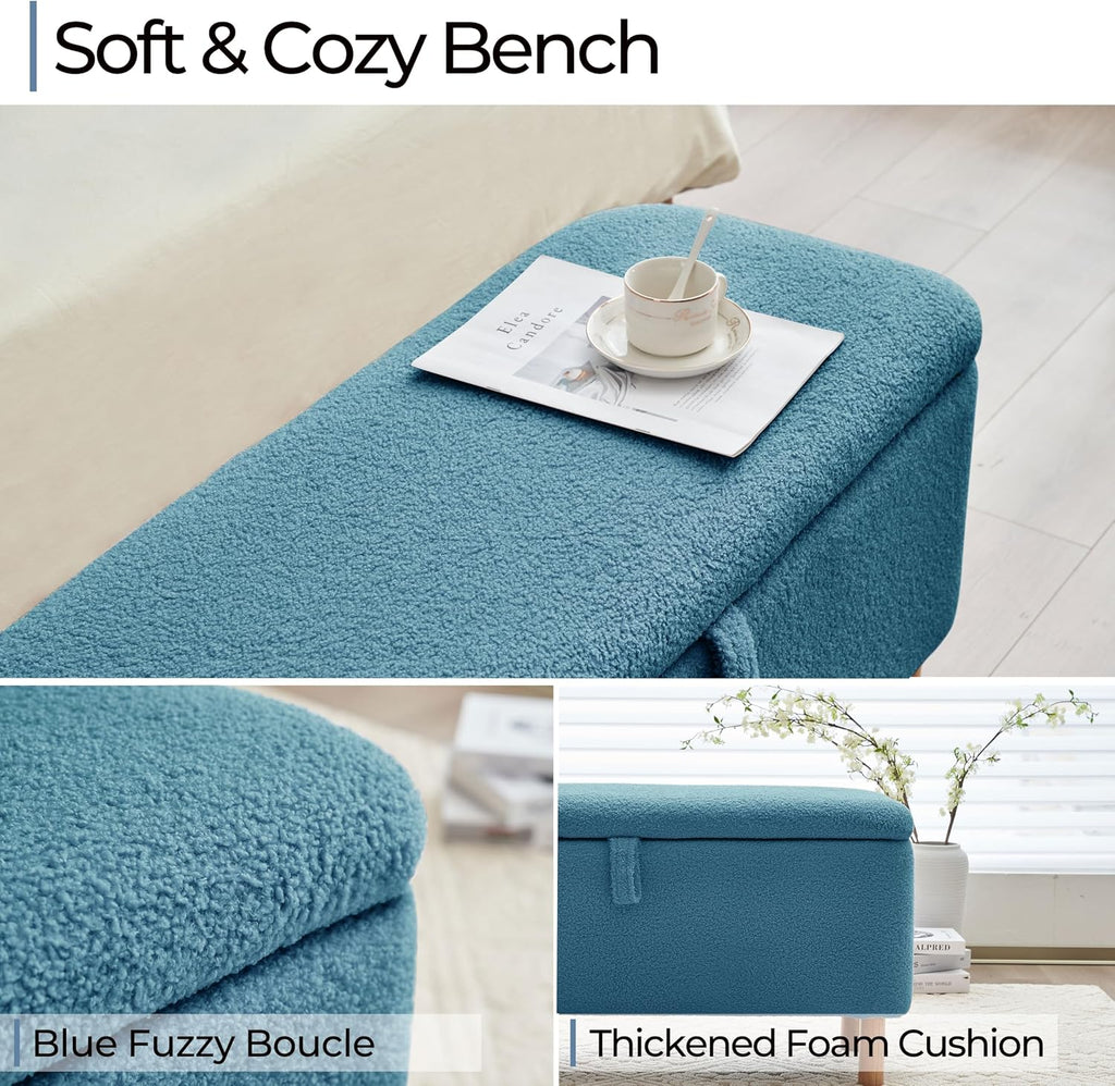 Boucle Storage Ottoman Bench for Bedroom end of Bed, Sherpa Upholstered Shoe Seat Storage Bench for Entryway Bed Foot, Rectangle Cushion Padded Blanket Chest Cute for Living Room, Light Blue