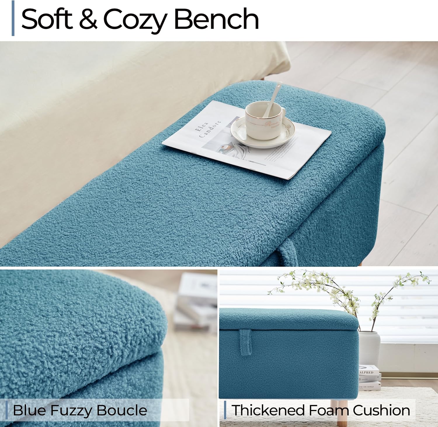Boucle Storage Ottoman Bench for Bedroom end of Bed, Sherpa Upholstered Shoe Seat Storage Bench for Entryway Bed Foot, Rectangle Cushion Padded Blanket Chest Cute for Living Room, Light Blue