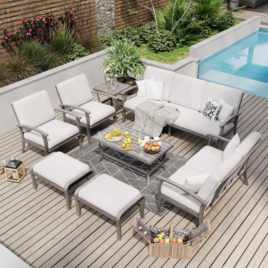 HAPPATIO 8 Piece Aluminum Patio Furniture Set, 3-Seat Outdoor Couch and Loveseat, All-Weather Outdoor Sectional Sofa with Armchairs and Ottomans, Garden Conversation Set with Tables(Gray)