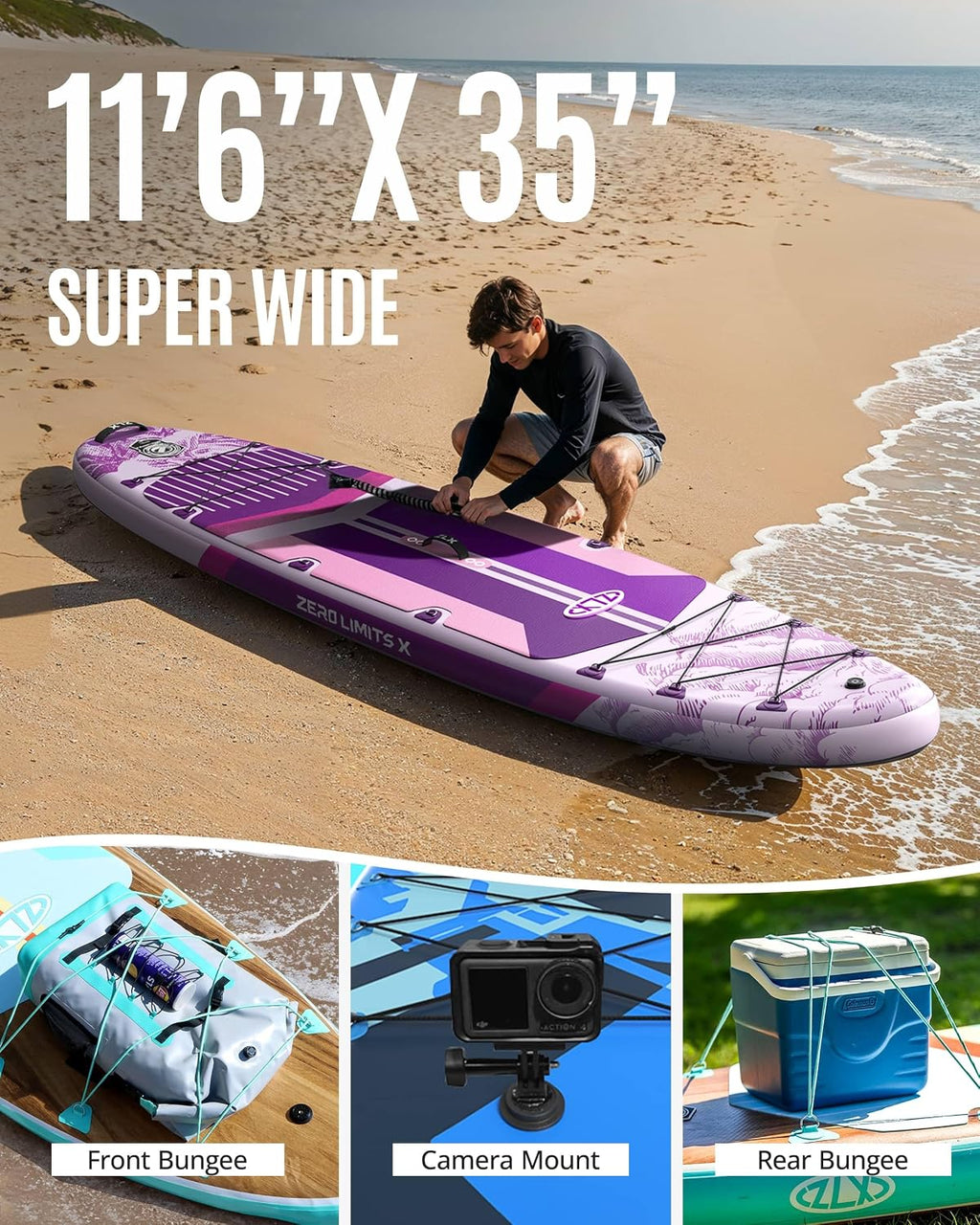 ZLX 11'6'x35' Ultra Wide Inflatable Stand Up Paddle Board | Stable Non-Slip Deck Pad, Unique Fin System, Premium SUP Accessories & Backpack - Upgraded Pump for Adults, All Skill Levels
