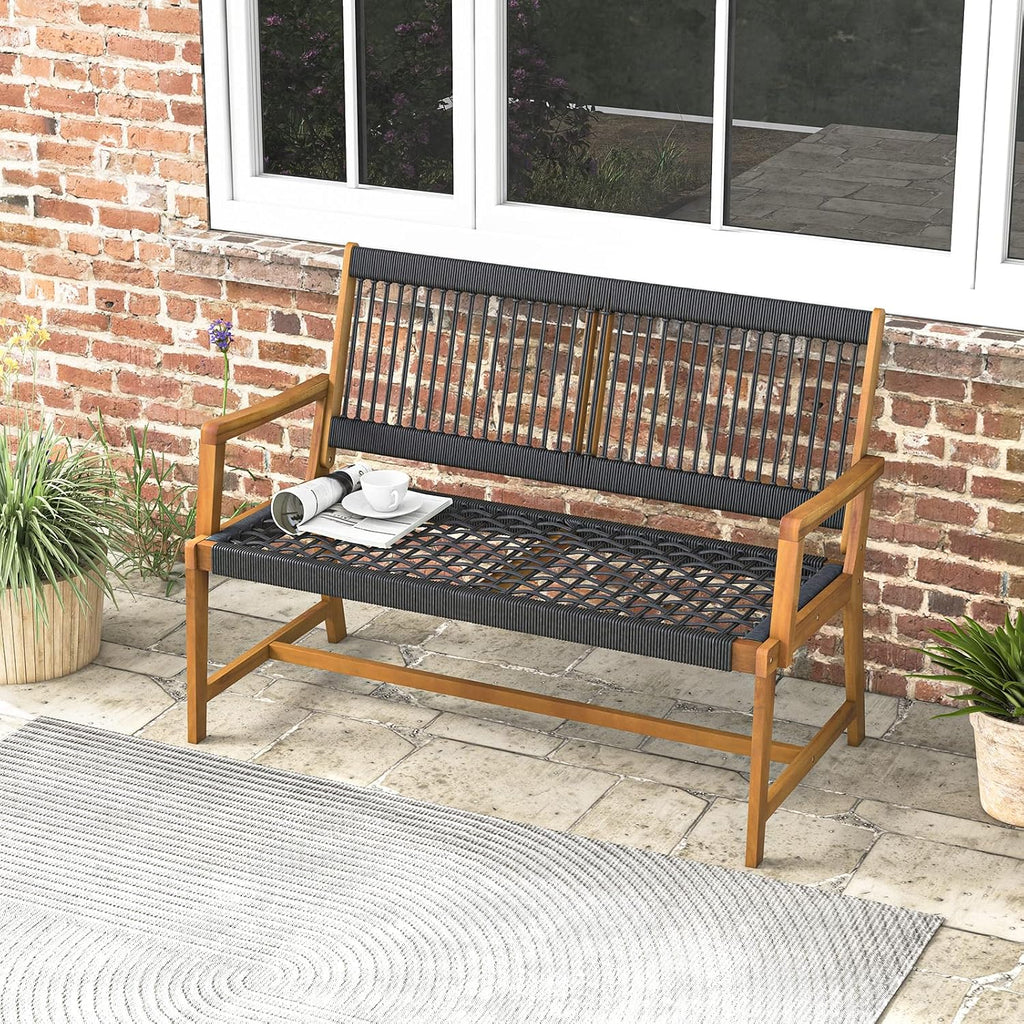 Tangkula Outdoor Acacia Wood Bench, All-Weather Rope Woven Garden Bench with Backrest and Armrests, 2-Person Patio Bench for Porch, Backyard, 705 Lbs Max Load